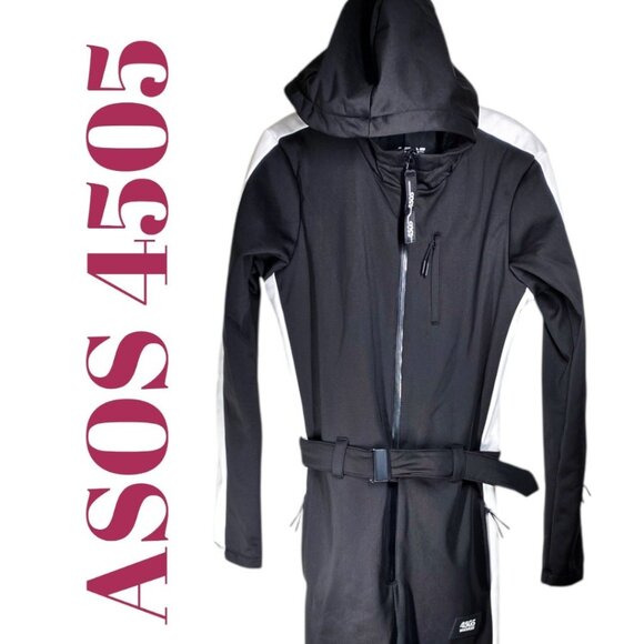 NWT ASOS 4505 MEN’S BLACK SKI SUIT BELTED HOOD WHITE RACING STRIPE MONOCHROME, S - Picture 2 of 16